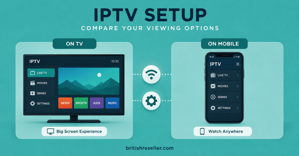 Image Title: IPTV Setup Comparison Panel Image Prompt: Modern professional blog illustration on a soft teal background showing two side-by-side abstract device icons (TV and mobile phone) connected by a signal wave icon and a gear icon, clean but moderately detailed, medium-quality web-friendly output, clear visual hierarchy, small "britishreseller.com" text at the bottom, no copyrighted logos or entertainment artwork
